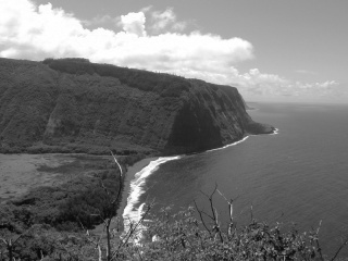 Beach at Waipio Valley, a rare mature erosional valley protected by flow-diverting fault scarps atop Kohala Volcano, Hawaii. Click to see 800x600 version. [C-2020Z]